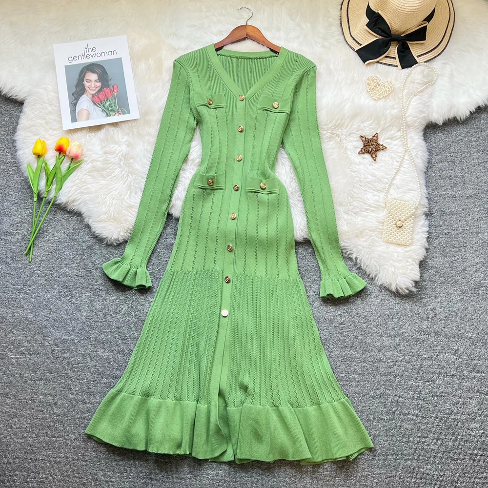 YuooMuoo Woman Dresses Autumn Winter Vintage Patchwork Knitted Midi Dress Elegant Vneck Lady Ruffled Shirt Sweater Dress 251020