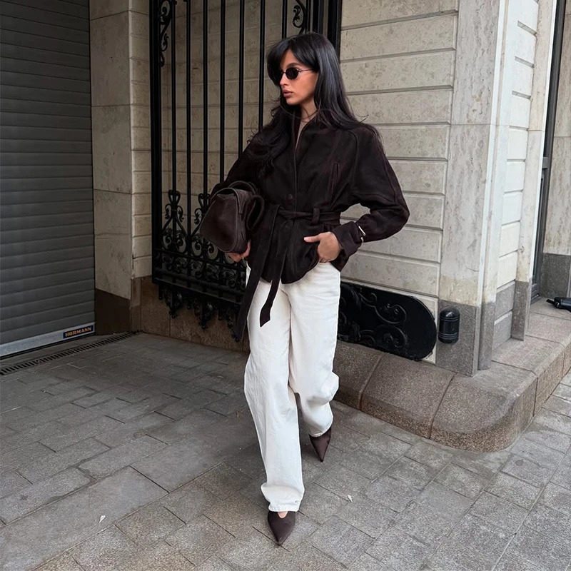 Fashion Dark Color Suede Fabric Stand Up Collar Jacket Women Causal Waist Cinched Broad Shoulder Coat Autumn High Street Outwear 251020