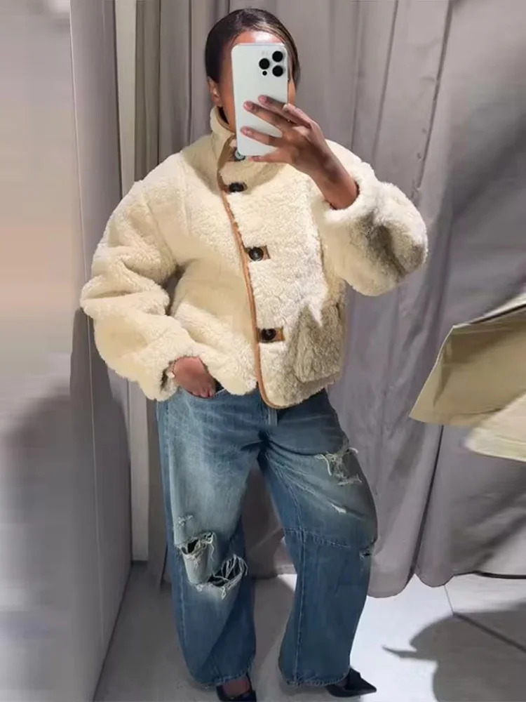 Tidalyf Women Reversible Fleece Jacket DoubleSided Wear Long Sleeve Stand Collar Button Coat with Pockets Casual Warm 251021