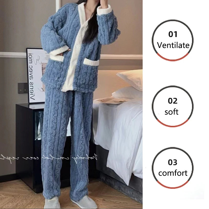 2pcsSet Autumn And Winter Pajamas Women Thickened Padded Warm Students Coral Girls Clot Velvet Suit Homewear Cardigan Trousers 251022
