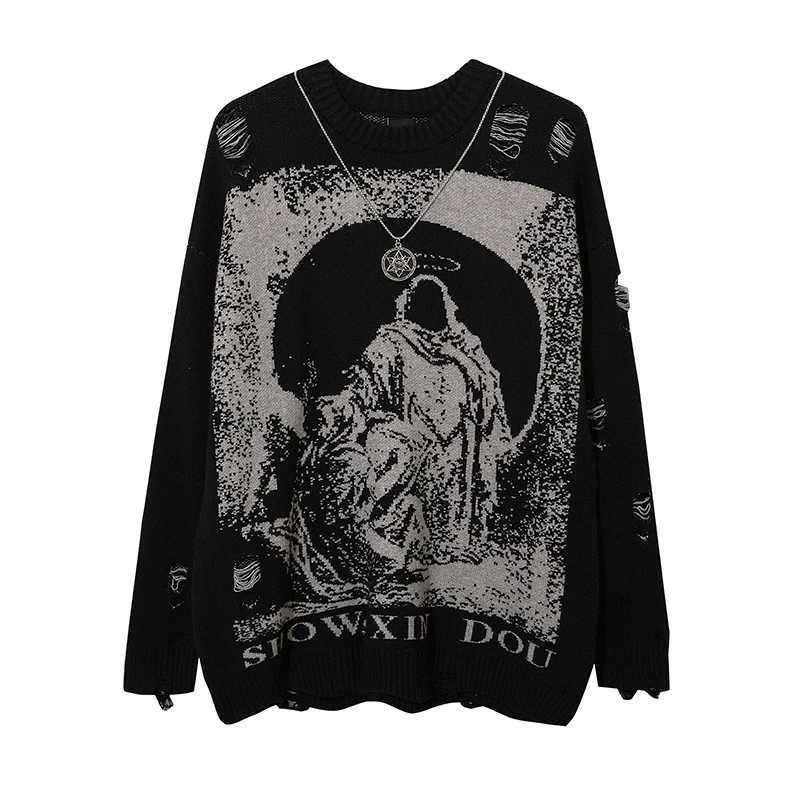 Harajuku Priest Salvation Printed Knitwears Unisex Streetwear Hip Hop Destroyed Hole Ripped Pullovers Sweater Oversized MenXJ251022