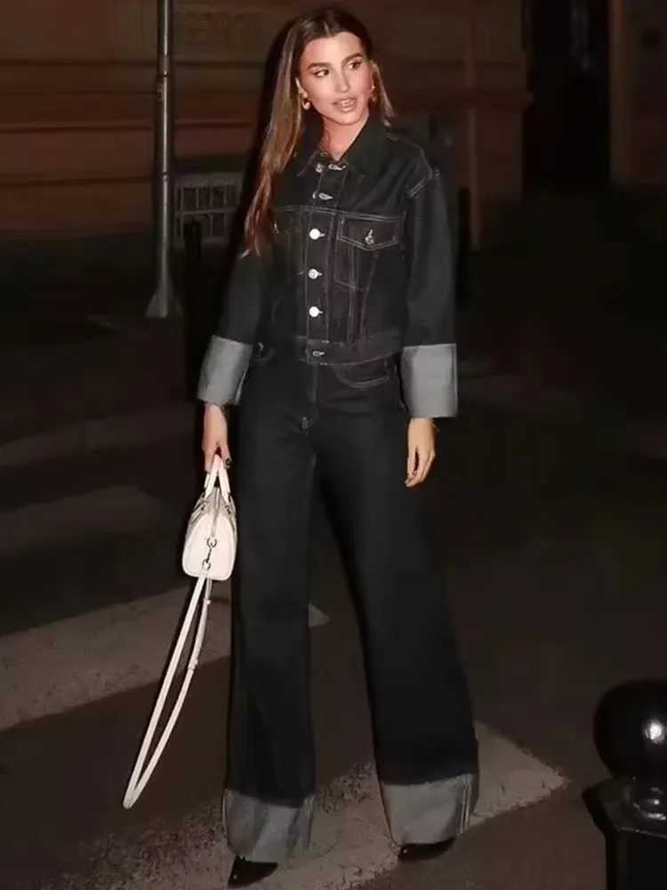HH Women Vintage Denim Jacket Pant Sets Single Breasted Lapel Long Sleeve Coat Wide Leg Trousers Jeans High Street OutfitsT251022