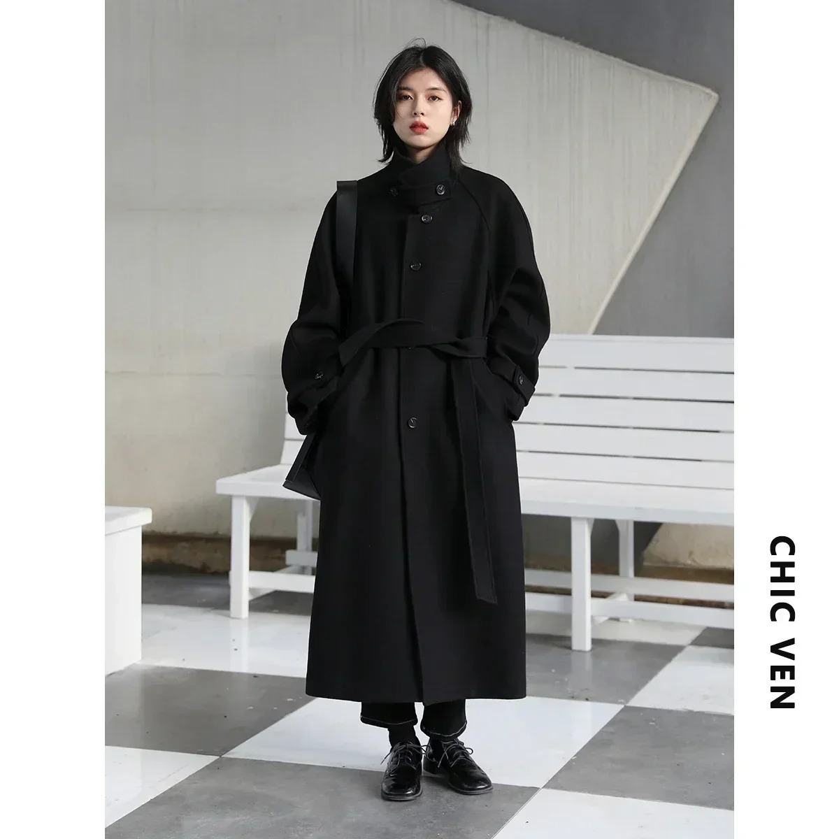 CHIC VEN Womens Long Trencn Coat Standing Belt Lace Up Woolen Raglan Sleeves Overcoat Office Lady Autumn Winter 251021