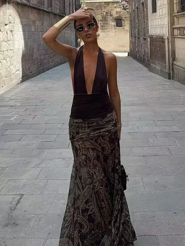 Ruffles Pleated Long Skirts For Women Fashion 2025 Vintage Printed Midi Skirt High Street Casual Chic Party Skirts 251022