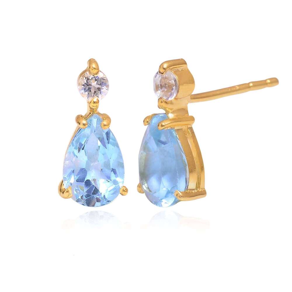 Pure Sier Natural Blue Topaz and Mosan Handmade Jewelry Gold-Plated Earrings