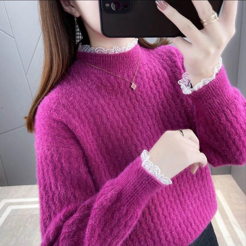 Autumn Winter Round Neck Screw Thread Long Sleeve Womens Clothing Pullover Lace Patchwork Solid Color Sweater Knitted Tops 251016