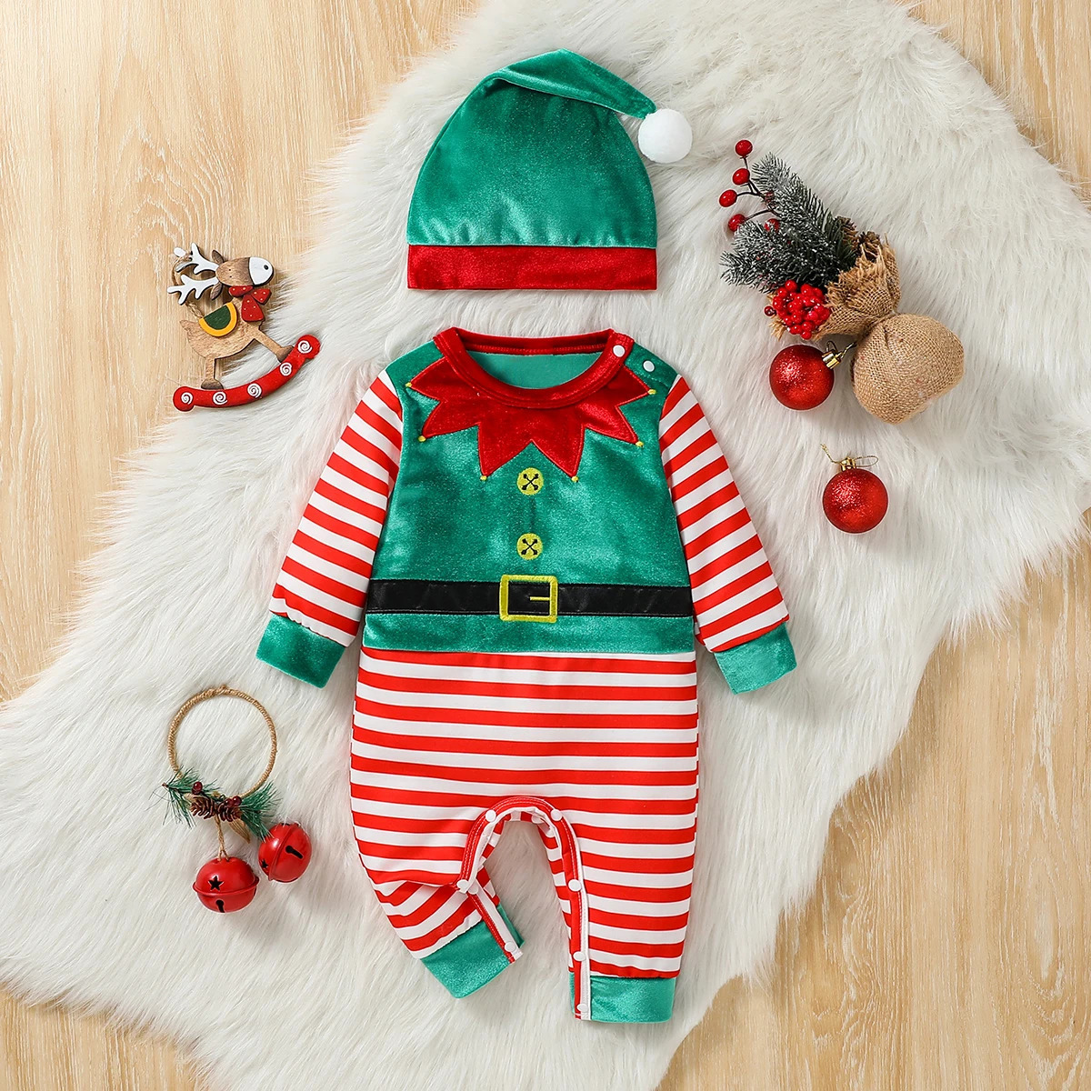 2Pcs Christmas Baby unisex Jumpsuit born Cute Striped Clothes Autumn Winter Boys Girls Round Neck Long Sleeve BodysuitHat 251022