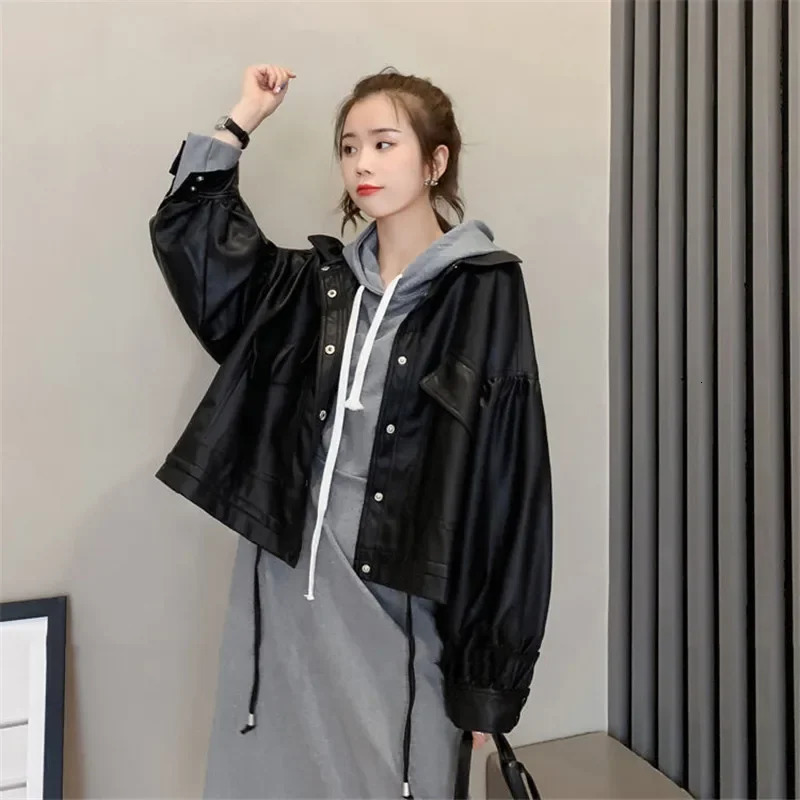 Autumn Winter Faux Leather Jacket Women Oversize PU Coat Loose Casual Streetwear Female Cardigan 251020