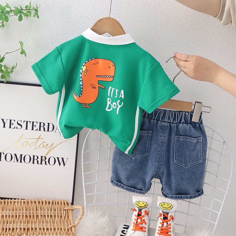 Free Shipping Dinosaur Print Boys 2-Piece Set, 2025 New Polo Shirt and Shorts Outfit, Summer Sports Clothes for Baby Boy