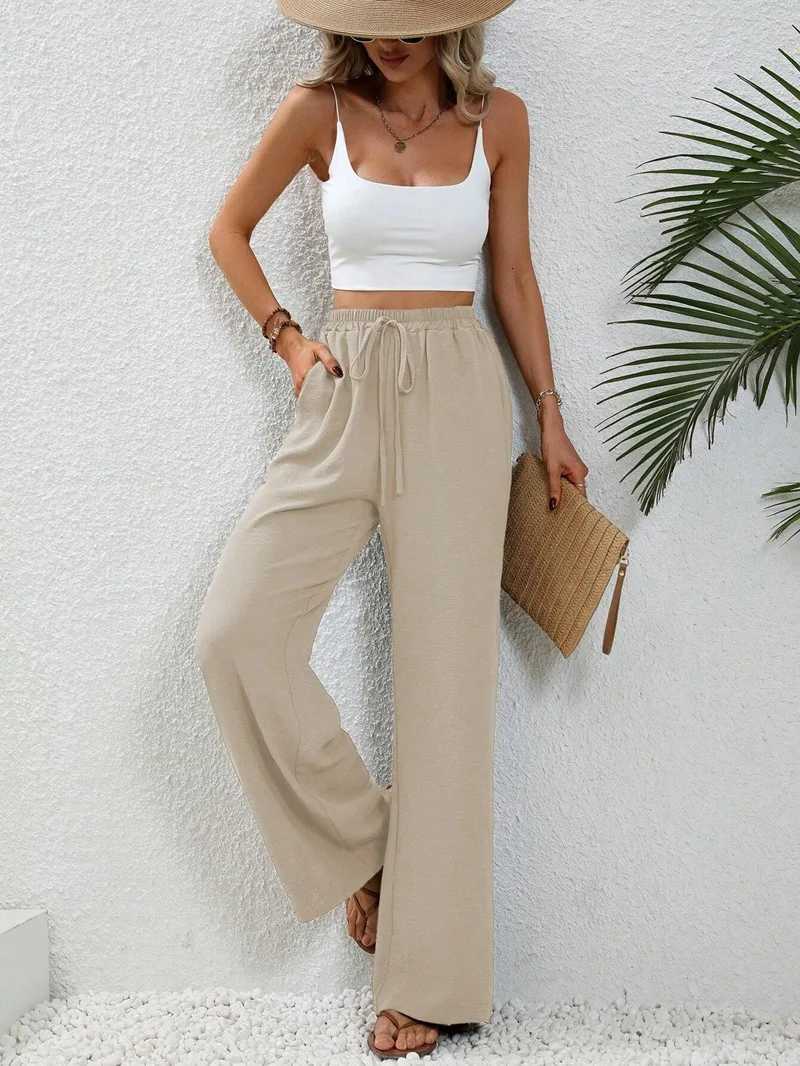 Womens Plain Pocket Tie Front Elastic Waist Straight Leg Pants Casual High Waist Wide Leg Trousers for Daily Wear Baggy PantsT251022