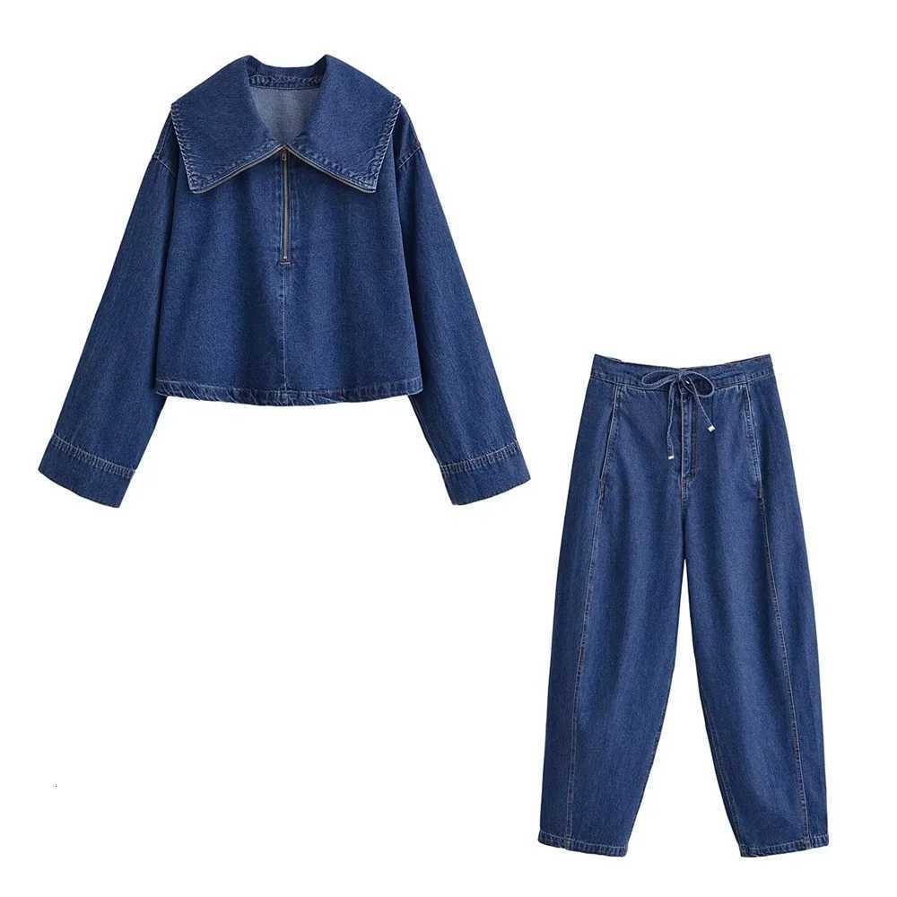 Womens Casual Collar Long Sleeve Zipper Denim Shirt Summer New Fashion High Waist Denim PantsT251022