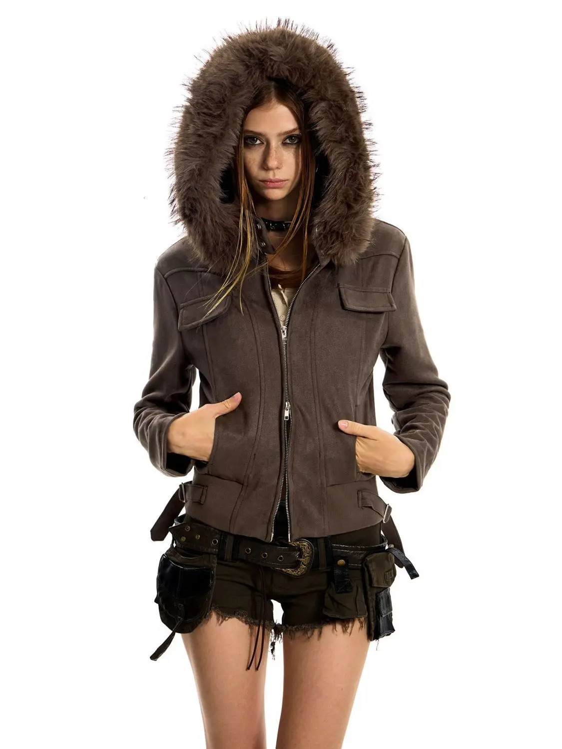 American girl big fur collar slim short jacket for women buckskin velvet waist slimming hooded cardigan sweatshirt 251021