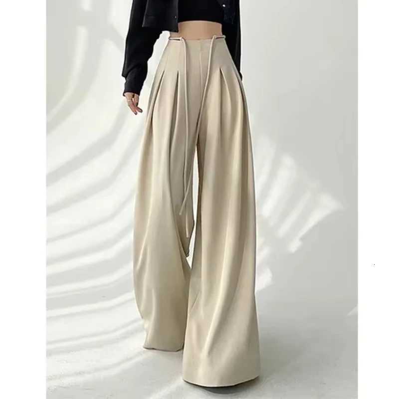 Streetwear Wide Leg Pants Women Korean Black High Waist Suit Pants Summer Fashion Elegant Lace Up Straight Trousers NewT251022