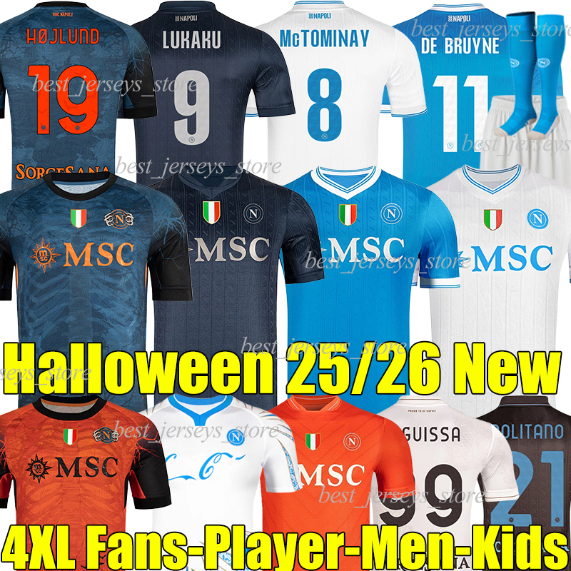 4XL 25/26 Naples Halloween soccer jerseys napoli LUKAKU DE BRUYNE HOJLUND ANGUISSA McTOMINAY BEUKEMA NERES POLITANO LANG Men Kids Kits socks sets football shirts