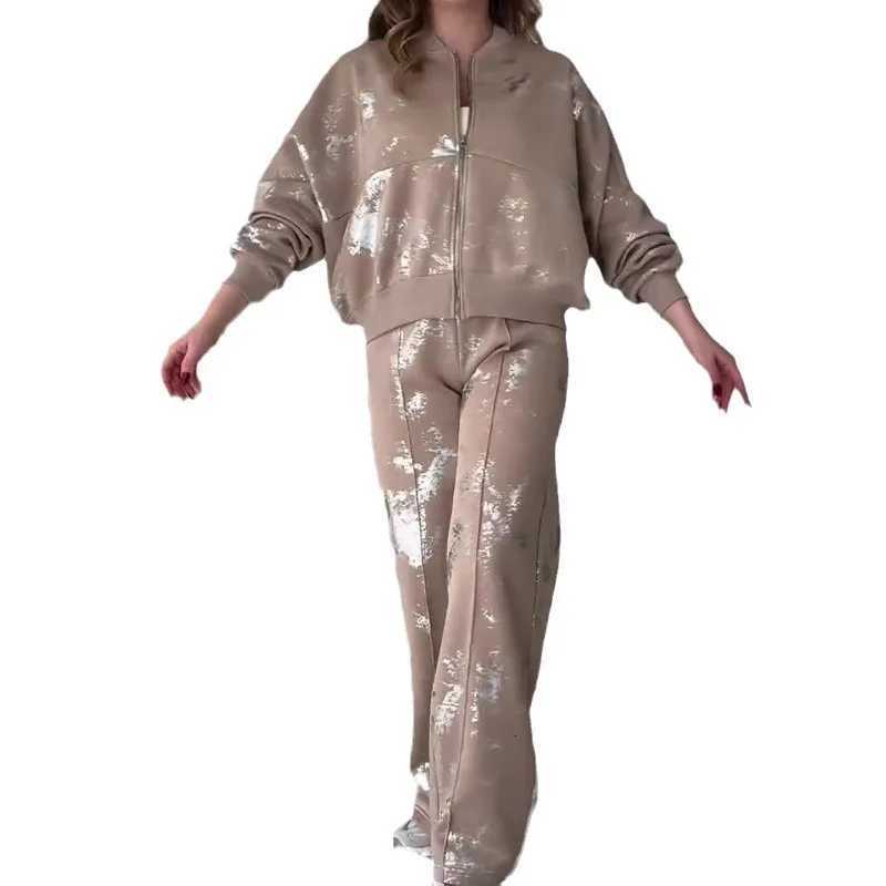 Women Print Two Piece Sets Zipper Sweatshirts Sequins Loose Fit Drawstring Pants Wide Leg Trousers Casual Suits WinterT251022