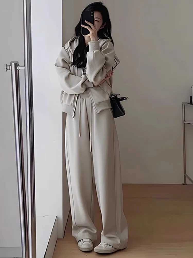 Cardigan Sweatshirt Matching Sets Zipper Hoodies Pant Sets Hooded Tracksuit Solid Drawstring Wide Leg Pants Pockets CasualT251022