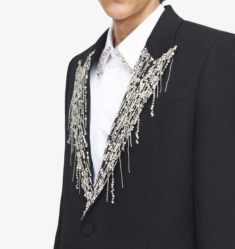 Fashion Men Suits 2 Pieces Peaked Lapel One Button Groom Wedding Tuxedos Crystals Formal Occasion Customized Jacket