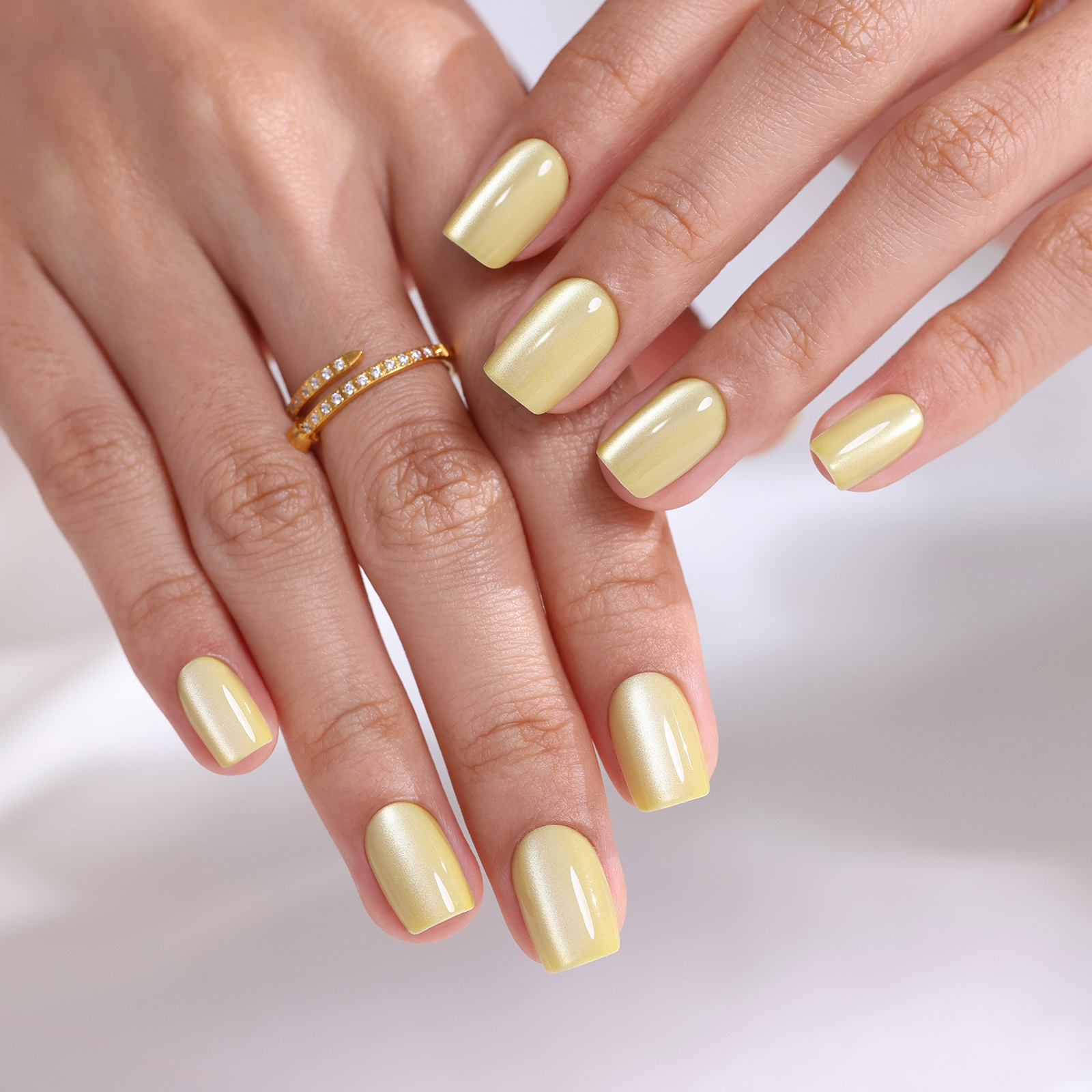 light yellow cats eye press nail short style soft gel square suitable for womens gifts shiny nail glue available in 16 sizes 32 reusable fake nail set