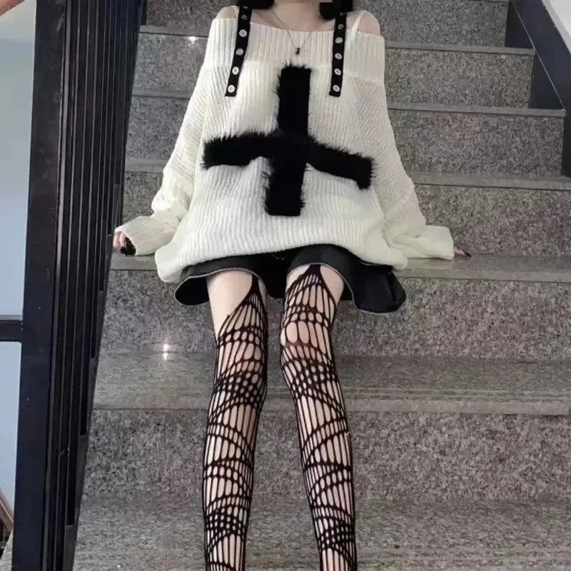 Off Shoulder Belted Thin Cross Fur Patchwork Sweater Casual Kpop Harajuku Punk Knitwear Women Autumn Loose Gothic Y2k Pullovers 251016