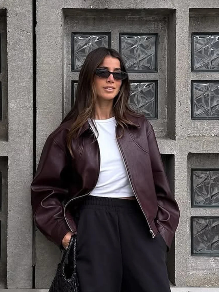 Wine Red Lapel Leather Short Coat Retro Womens Zipper Long Sleeve Jackets Female Autumn Fashion High Street Jackets 251020
