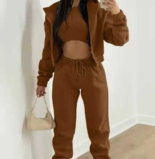 Solid Color Short Hooded Jacket Sleeveless Vest and High Waisted Ankle Pants Set for Autumn Womens Sports Style 3Piece SetT251022