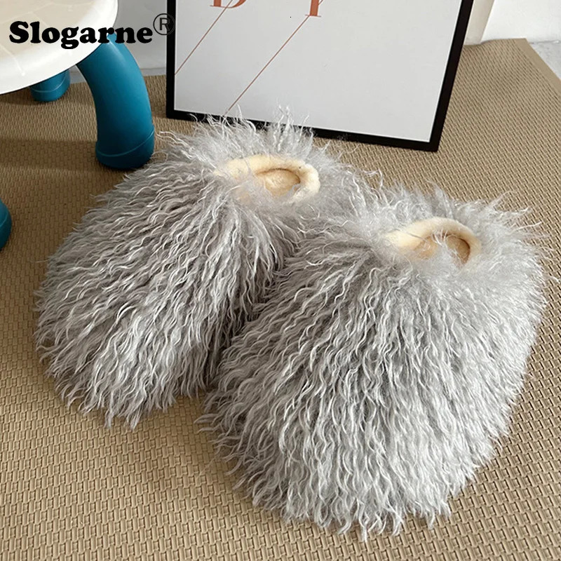 Winter Fluffy Slippers Women Outdoor Faux Fur Slides Ladies Indoor Furry Faux Wool Slippers Warm Shoes House Shoes 251022