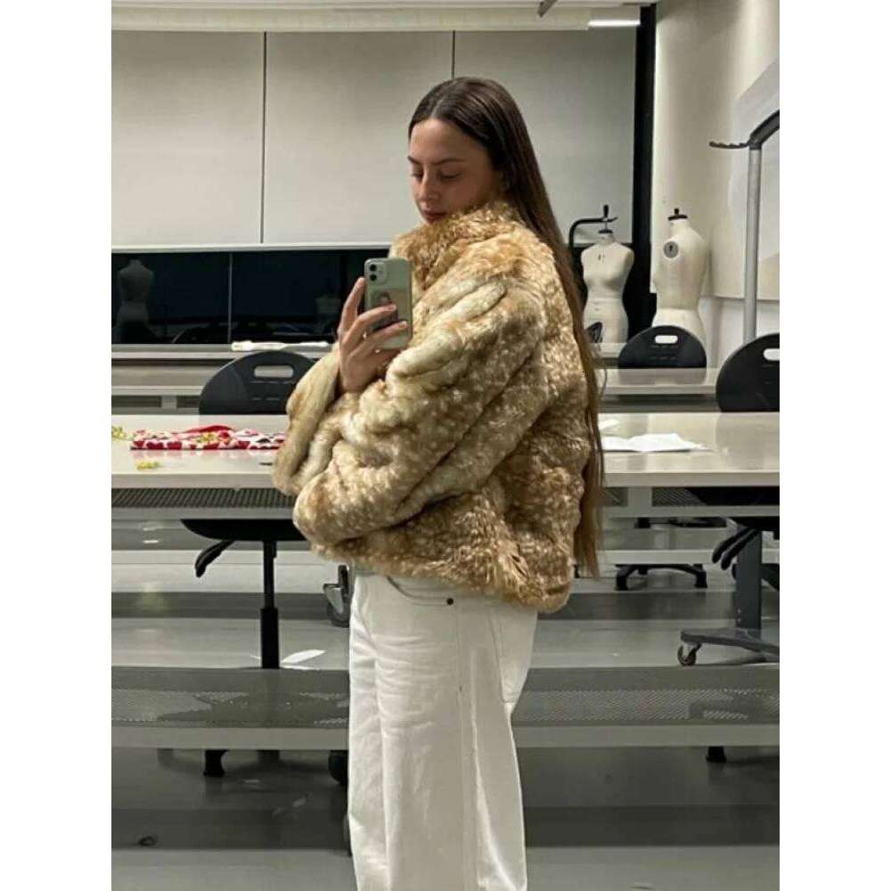 Leopard Printed Faux Fur Short Coat Women Lapel Full Sleeve Single Breasted Loose Mini Coats Lady Winter Daily Street Outerwear