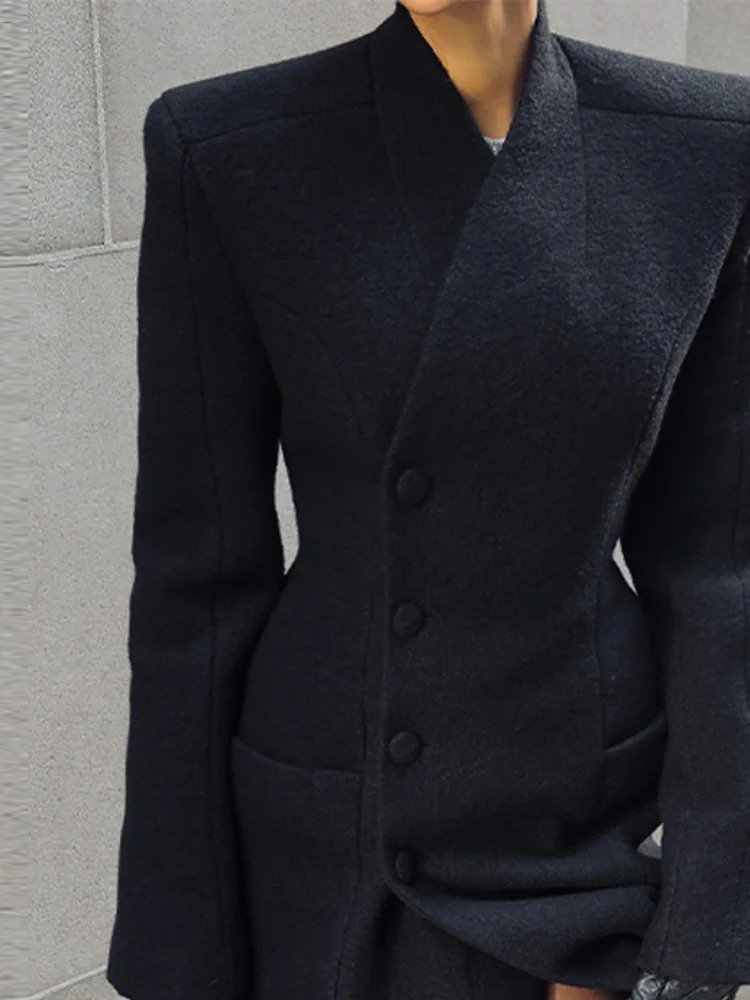 Black Tailored Long Coat Women Elegant Asymmetric Button Front Pockets Full Sleeve Crisscross Neck Jacket Casual Outerwear 251021