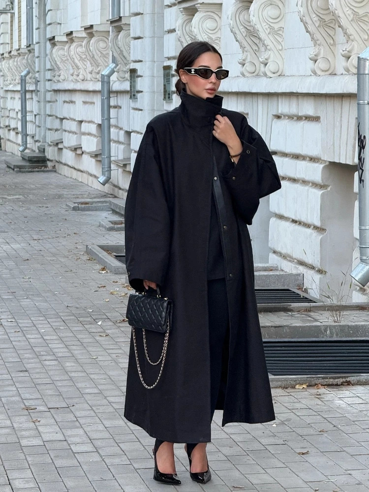 Black Stand Collar Trench Coat Women Fashion Long Sleeve Singlebreasted Loose Windbreaker Autumn Lady High Street Outwear 251021