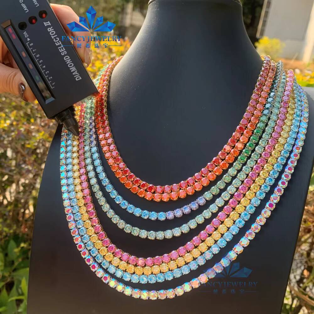 Colorful Moissanite Chain Red Green Blue Yellow Pink Diamond 5mm Gold Plated Chain 925 Silver Tennis Link Necklace for Man Women