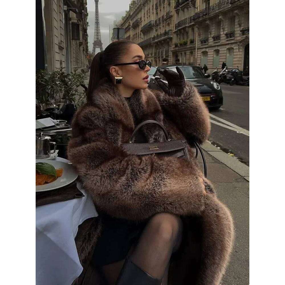 Lapel Long Faux Fur Coat For Women Solid Full Sleeve Furry Loose Jackets Fashion Ladies Winter Warm High Street Outerwear