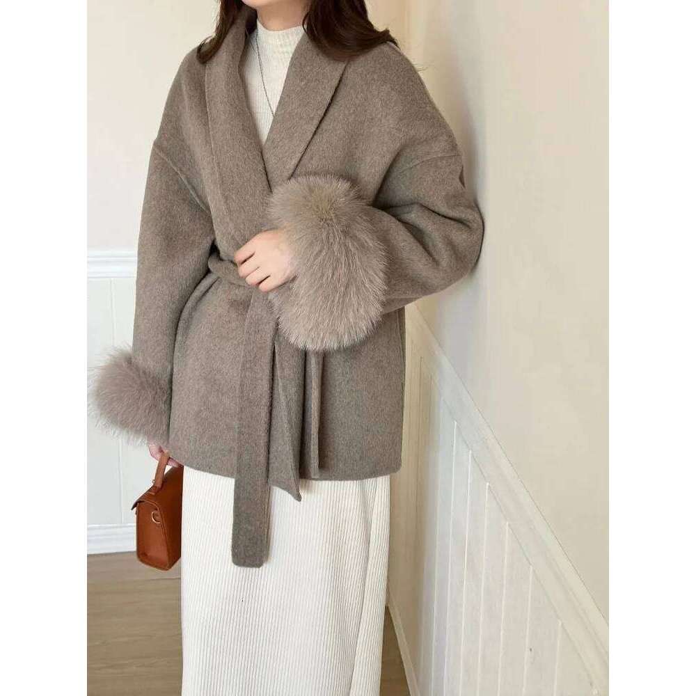 Elegant Lace Up Woolen Short Coat Solid Loose Lapel Furry Belt Long Sleeve Jacket Female 2025 Autumn Winter Lady Chic Cardigan