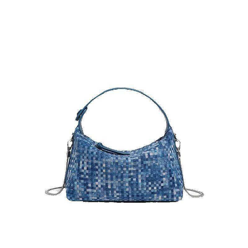 Fashion Woven Spring Summer Denim Yuanbao Handheld Small Square Single Shoulder Crossbody Women's Bag Trendy New Product Cowhide Woven Bag