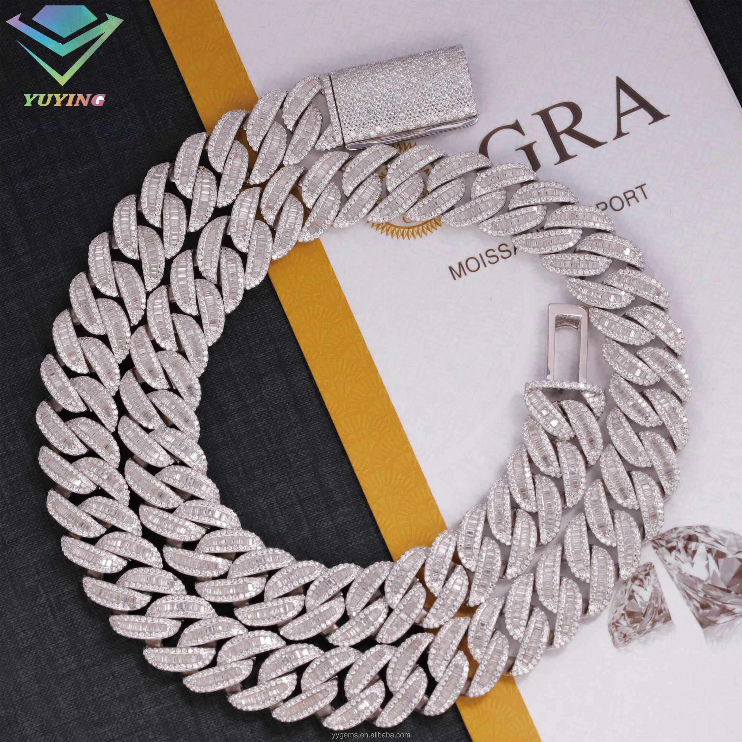 Best Price 16mm Width Baguette Moissanite Cuban Link Chain S925 Silver Iced Out Moissanite Hip Hop Mens Necklace Jewelry