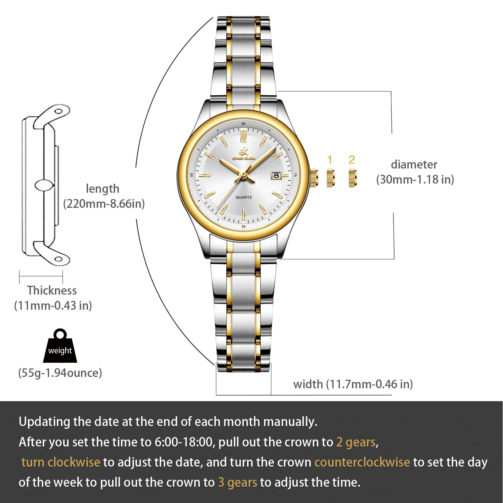 ERNIE KLEIN Womens Watch Gold Watch OriginalDate Week Stainless Steel Waterproof Luminous Elegant Dress Ladies Watches 251027