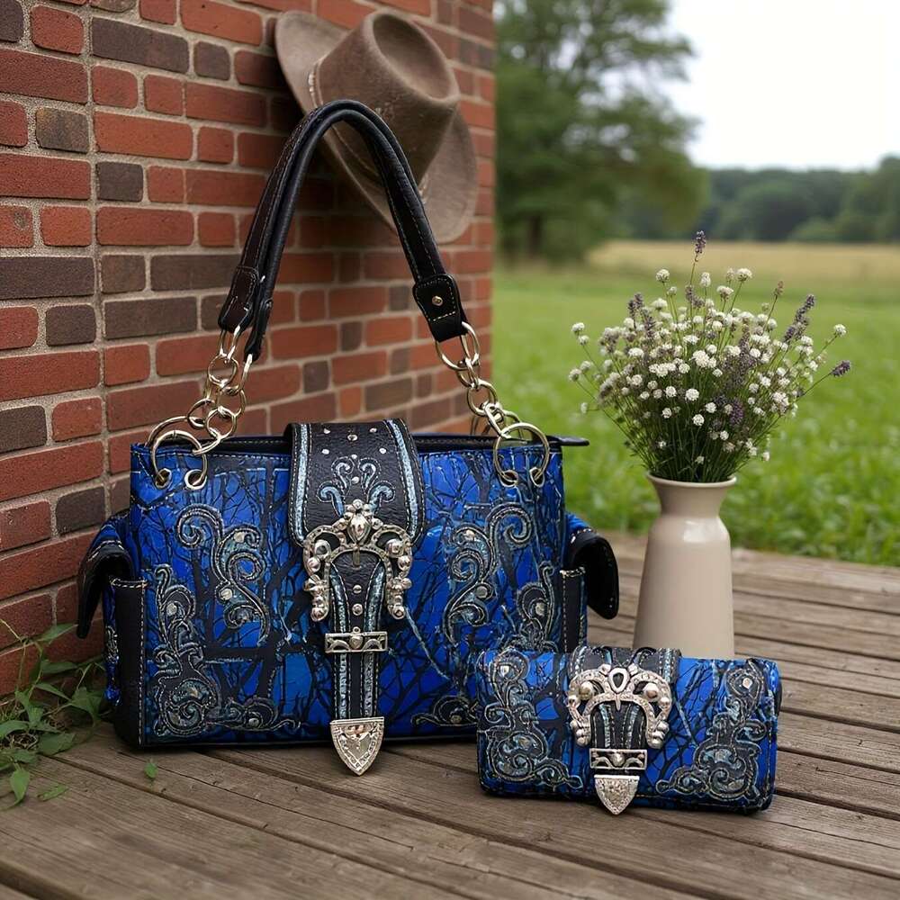 Women's Western Cowgirl Crossbody Bag Set Camouflage Crown Buckle, Rhinestone-Adorned Floral Shine Glow Design, Detachable Strap & Zipper Closure