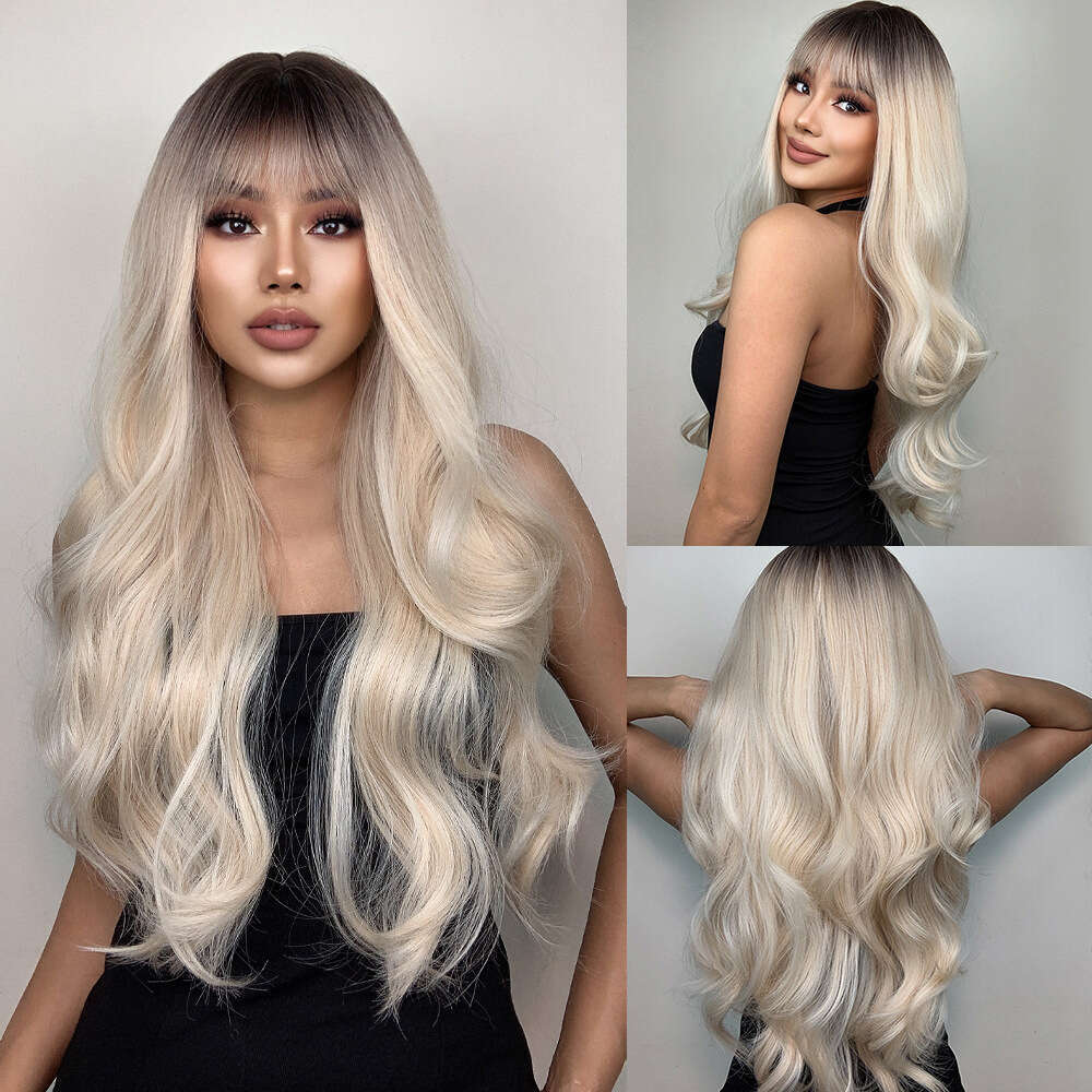 Women's Hair Bangs Long Curly Gradient White Gold New Hine-Made Synthetic Wig