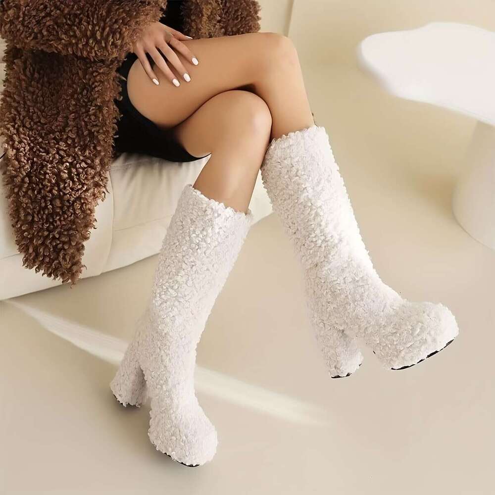 Women's Chunky 11" High Heel Fluffy Mid-Calf Boots With 1.57" Platform Warm Plush Lining, Round Toe & Slip-On Design All-Season Comfort