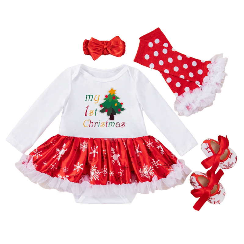 Winter Christmas Baby Girl Romper Dress Set Large Snowflake Print Long Sleeve Infant Onesies 4-Piece Set for Wholesale
