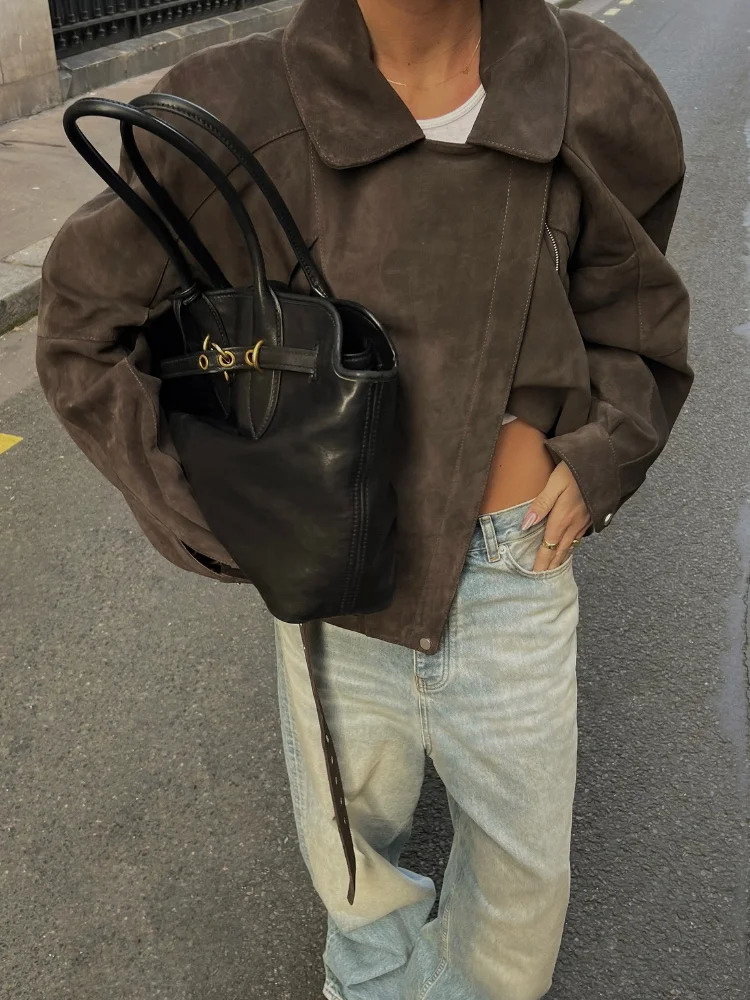 Belts Vintage Womens Suede Jacket Coat Chic Zipper Lapel Long Sleeve Motorcycle Outwear Spring Street Chic Lady Top Coats 251020