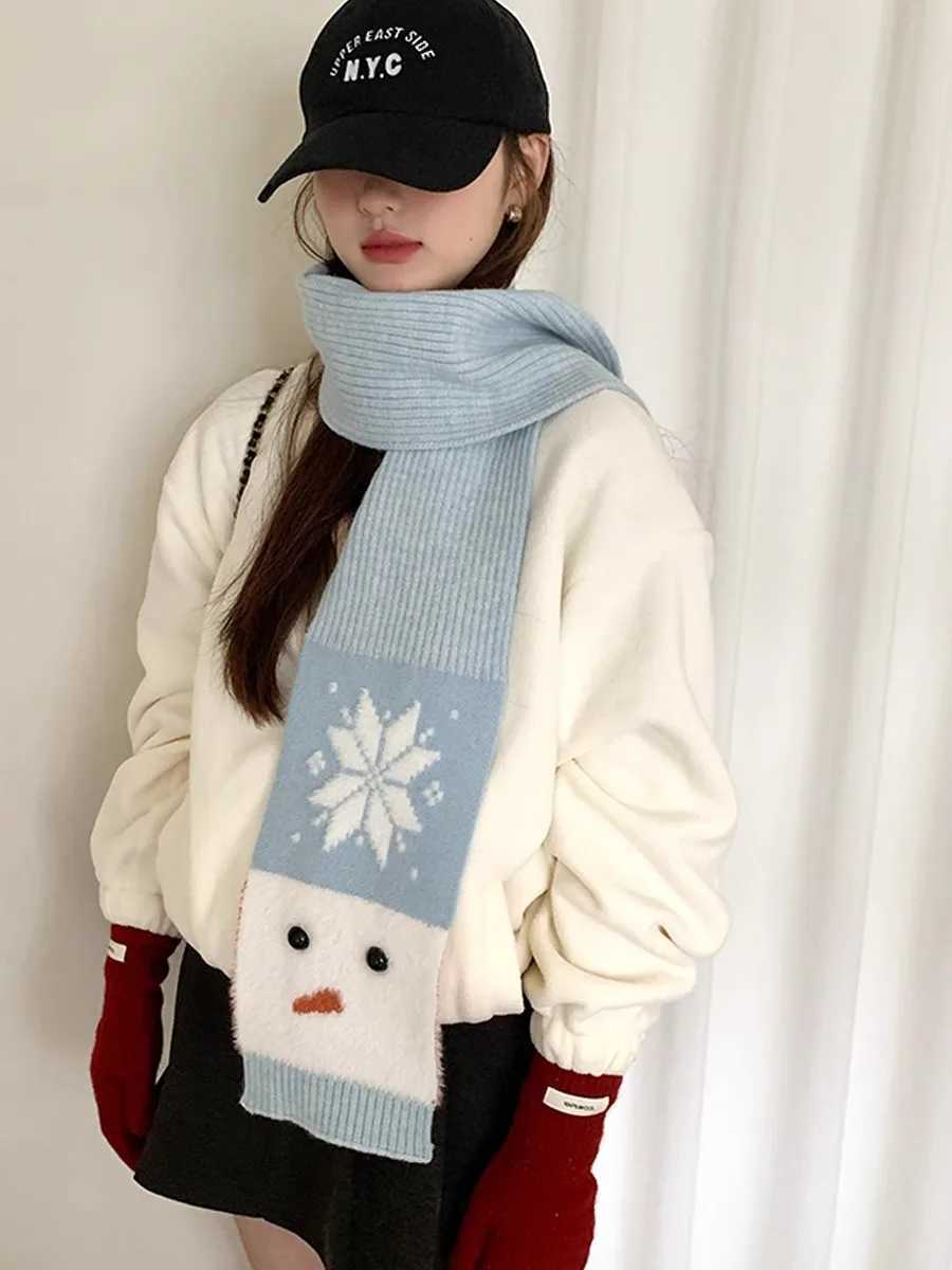 Womens Winter Warm Neck Scarf With Wool Christmas Atmosphere Fluffy Snowman And Snowflake Design Versatile Small Neck Warmer J251022