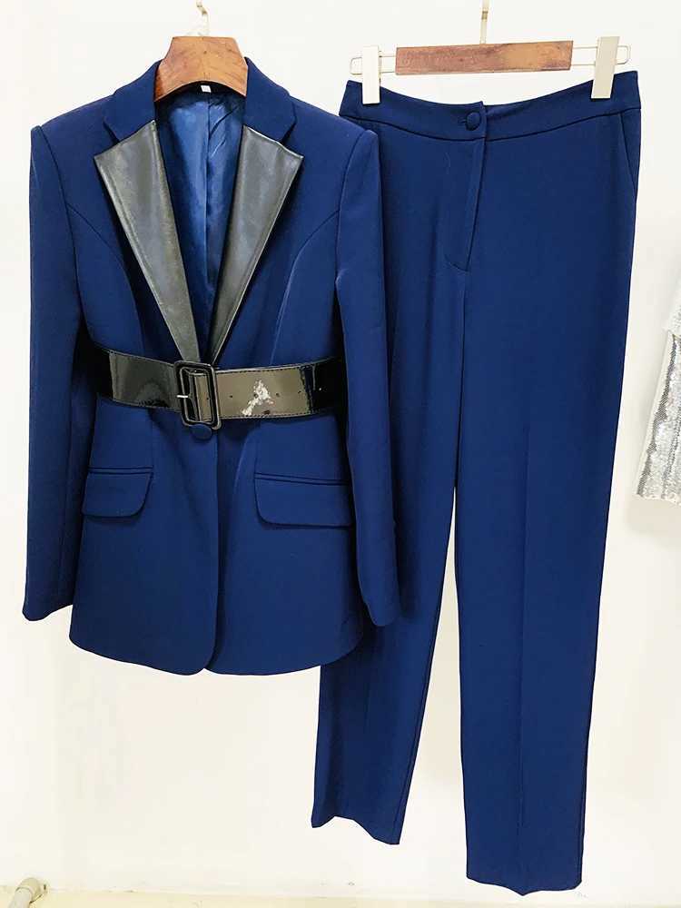 HIGH STREET Newest 2024 SS Runway Designer Suit Set Womens Leather Collar Belted Blazer Pencil Pants Set 2pcsT251022