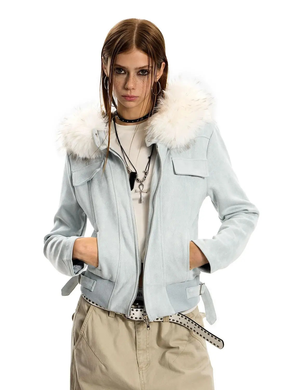 American girl big fur collar slim short jacket for women buckskin velvet waist slimming hooded cardigan sweatshirt 251021