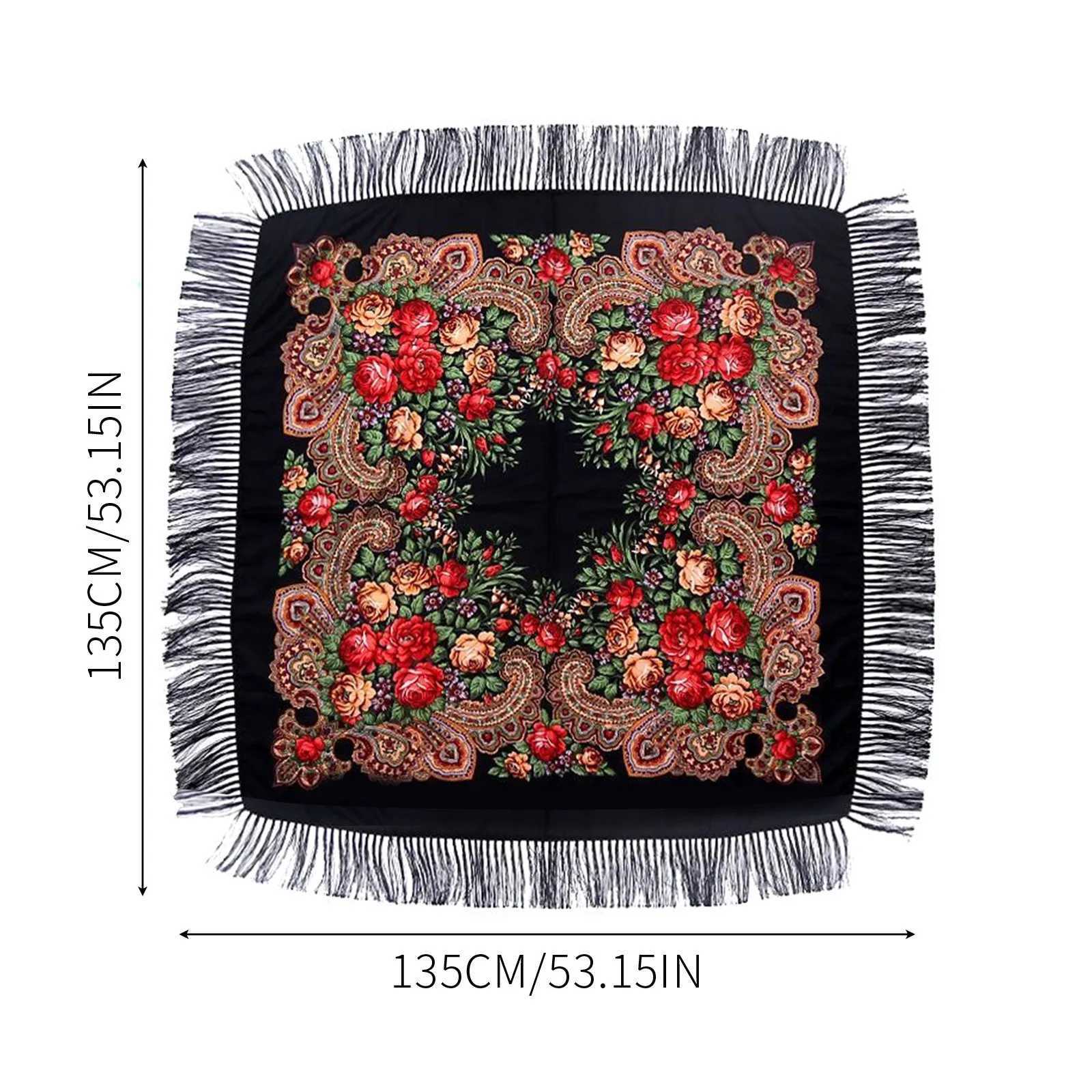 135135cm Russian National Square Scarf Women Luxury Floral Print Ukrainian Fringed Shawl Babushka Handkerchief Head Wraps J251118