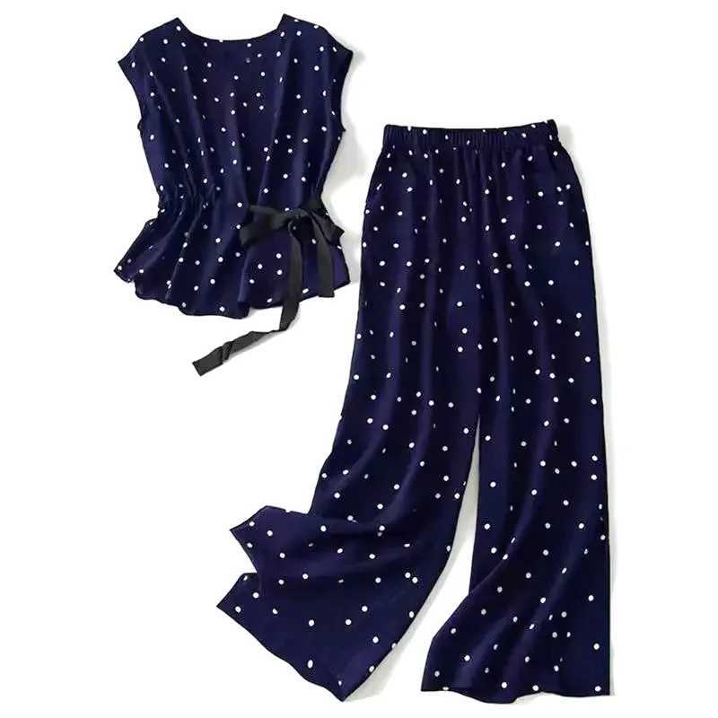 Two Piece Set Polka Dot ONeck Lace Up Short Sleeve Blouses Shirt Elastic High Waist Wide Leg AnkleLength Pants Sets For WomenT251022