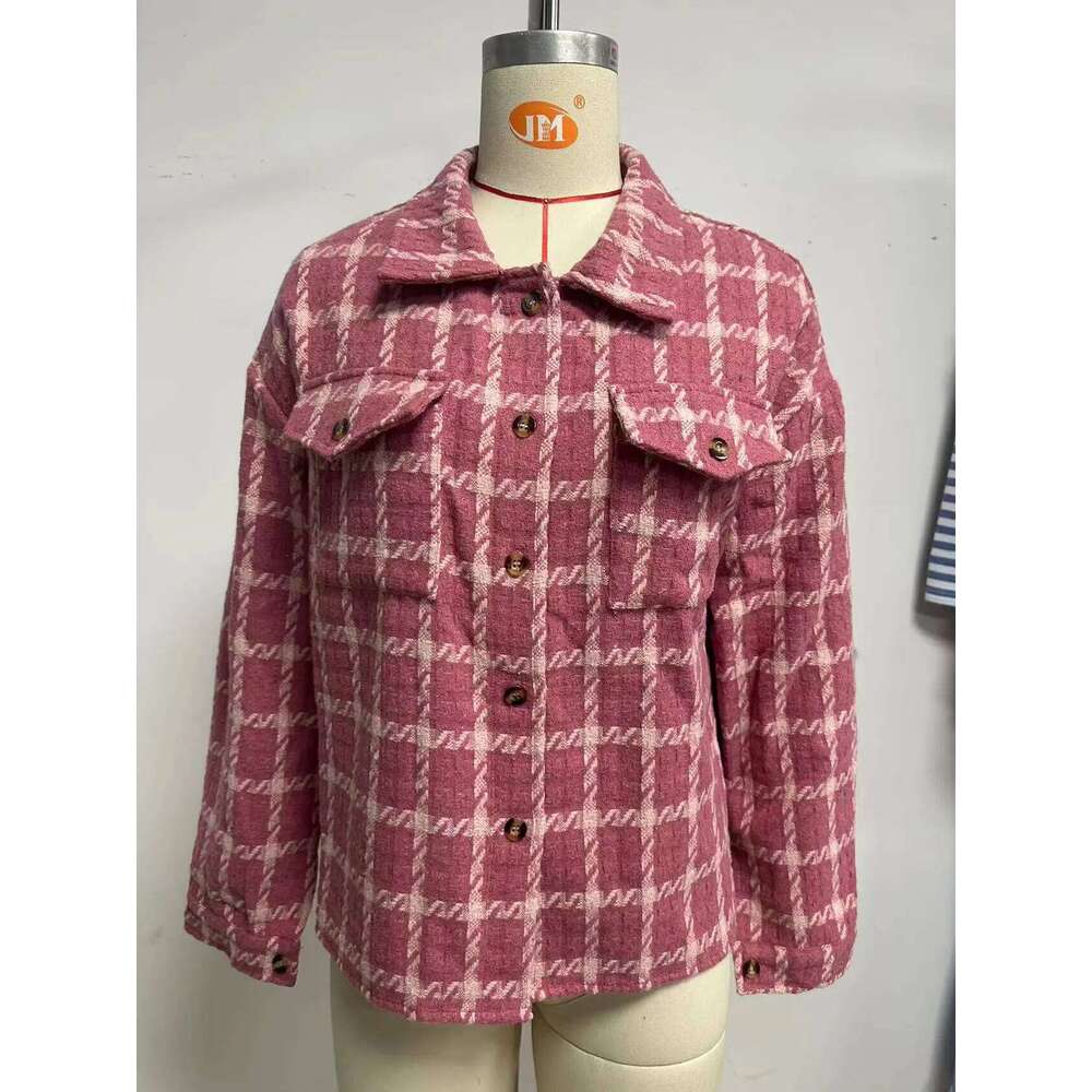 Women Blends Lapel Wool Cardigan Coats Plaid Single Breasted Office Lady Jacket Pockets Long Sleeve Outerwear Casual