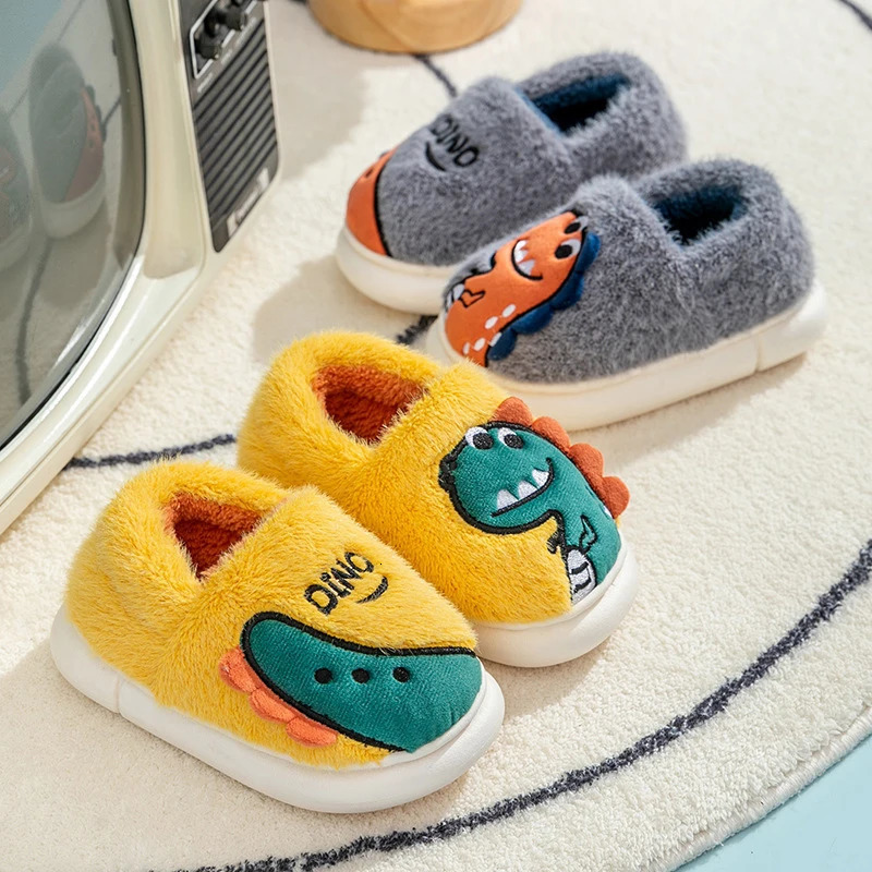 Kids Cartoon Dinosaur Embroidery Plush Slippers Soft Sole Nonslip Winter Warm Boys Girls Indoor Home Heel Wrap Cotton Shoes 251022