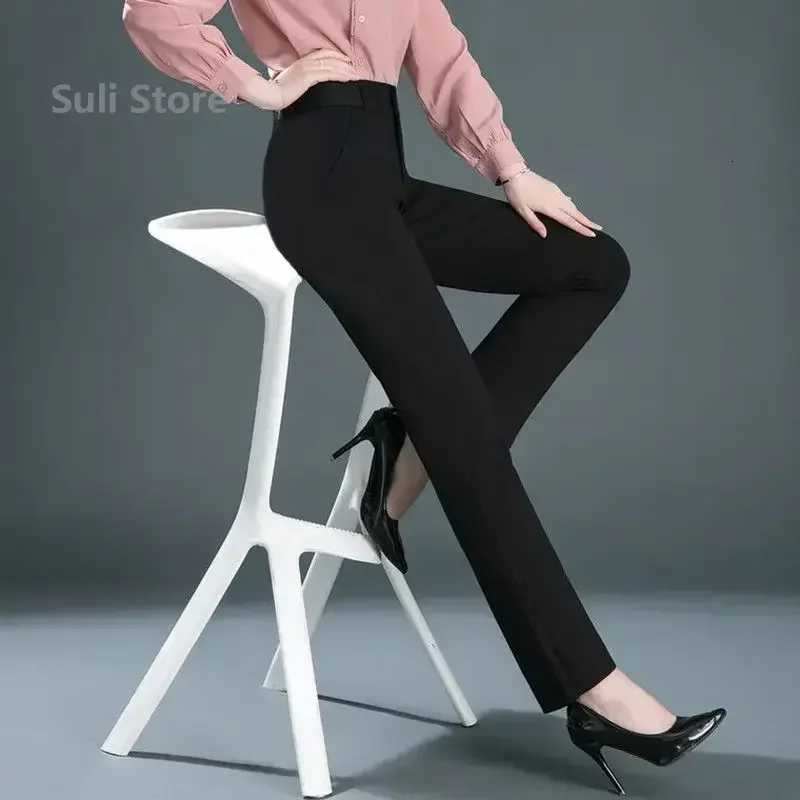 Spring Autumn Casual Button Elastic Mid Waist BlackNavy Blue Straight Trousers Office Lady Quick Drying Suit Pants FemaleT251022