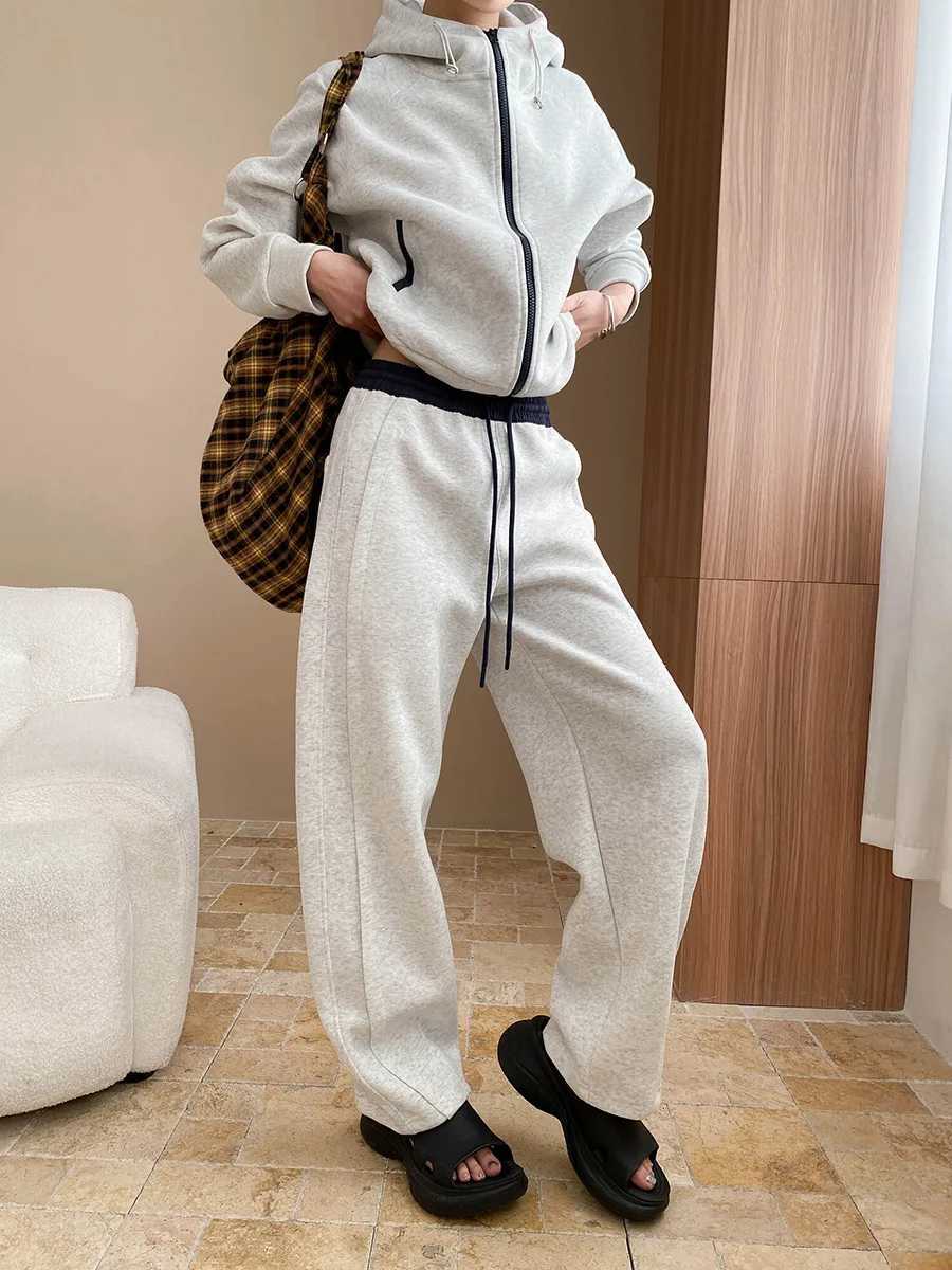 Spring and Autumn Womens Casual Solid Color Loose Hooded SweatshirtHigh Waist Loose Pants SetT251022