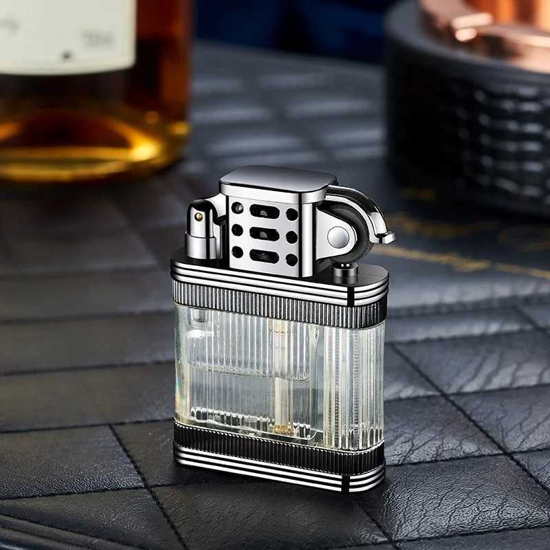 New Transparent Window Retro Grinding Wheel Lighter Alloy High Quty Light Luxury Leather Pattern Cigarette Lighter C251022